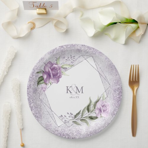 Floral Sparkles Wedding Initials Mauve ID889 Paper Plates