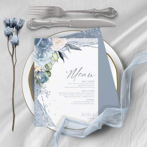 Floral Sparkles Wedding Menu1 Blue ID889