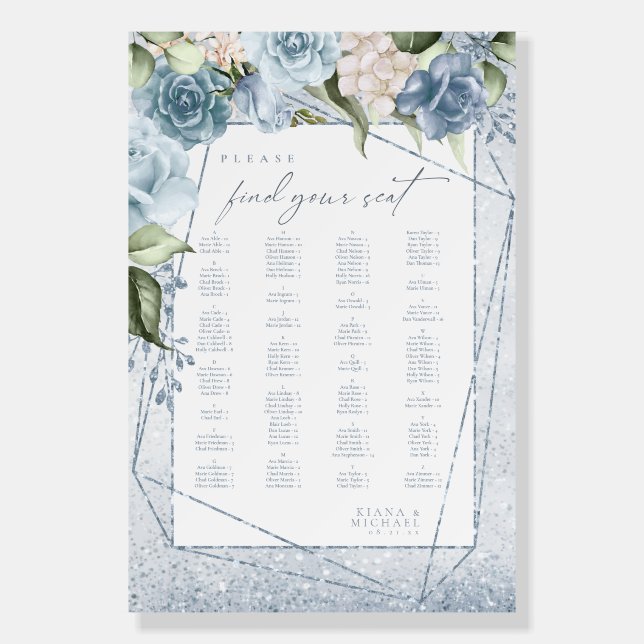 Floral Sparkles Wedding Seating Chart Blue ID889 Foam Board (Front)