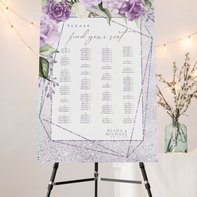 Floral Sparkles Wedding Seating Chart Mauve ID889 Foam Board (In Situ (Stand))