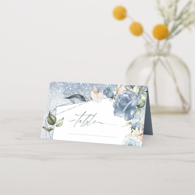 Floral Sparkles Wedding Table Dusty Blue ID889 Place Card (Front)