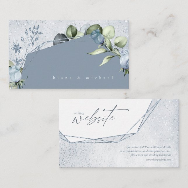 Floral Sparkles Wedding Website Dusty Blue ID889 Enclosure Card (Front/Back)