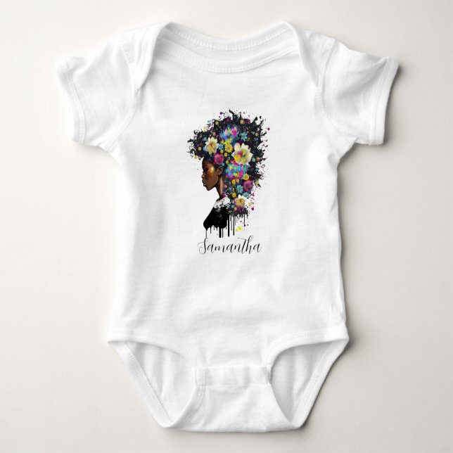 Floral Sparkling African American Woman Baby Bodysuit (Front)