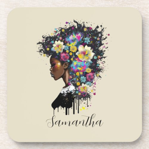 Floral Sparkling African American Woman Beverage Coaster