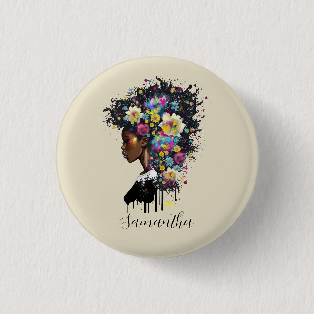 Floral Sparkling African American Woman Button (Front)
