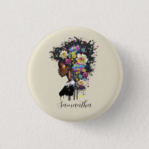 Floral Sparkling African American Woman Button