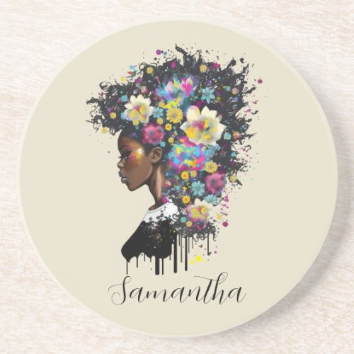 Floral Sparkling African American Woman Coaster