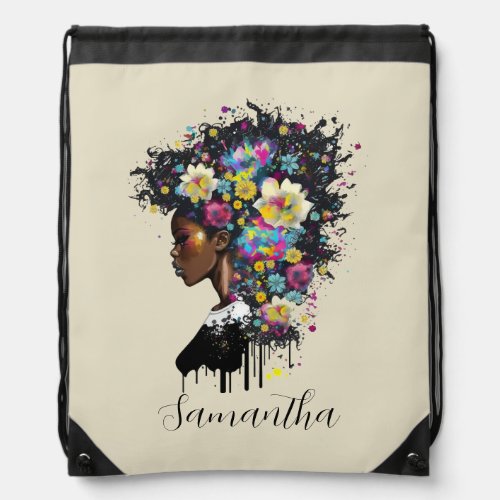 Floral Sparkling African American Woman Drawstring Bag