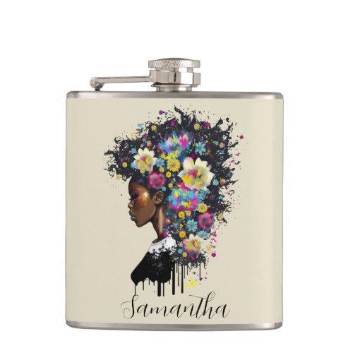 Floral Sparkling African American Woman Flask