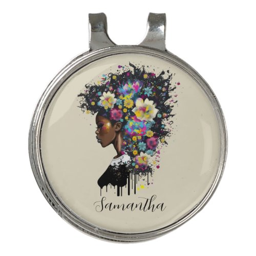 Floral Sparkling African American Woman Golf Hat Clip