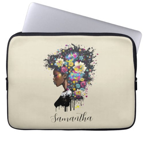 Floral Sparkling African American Woman Laptop Sleeve