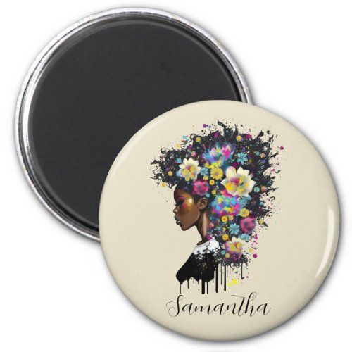 Floral Sparkling African American Woman Magnet