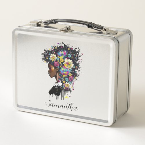 Floral Sparkling African American Woman Metal Lunch Box