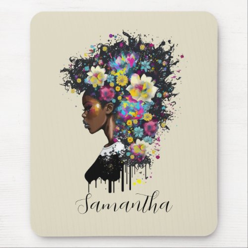 Floral Sparkling African American Woman Mouse Pad