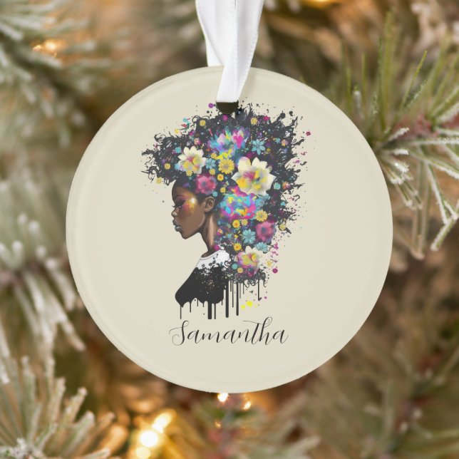 Floral Sparkling African American Woman Ornament (Tree)
