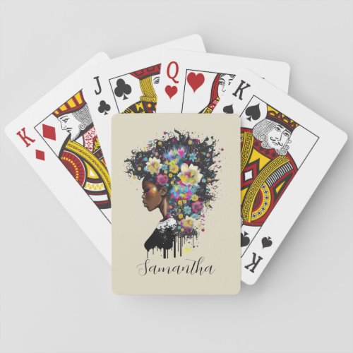 Floral Sparkling African American Woman Playing Cards