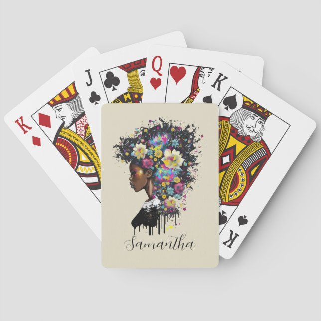 Floral Sparkling African American Woman Poker Cards (Back)