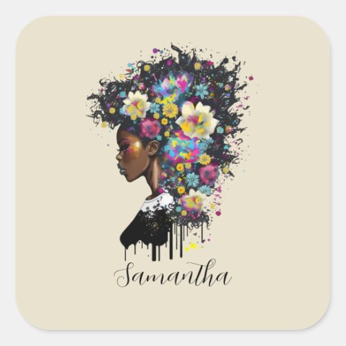 Floral Sparkling African American Woman Square Sticker