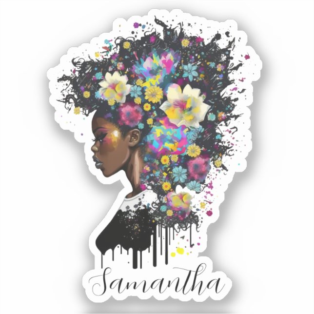Floral Sparkling African American Woman Sticker (Front)