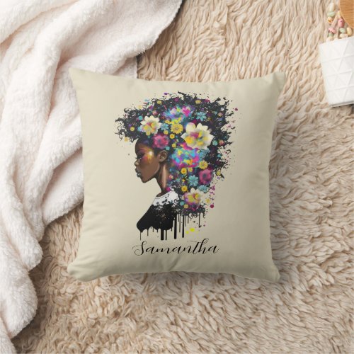 Floral Sparkling African American Woman Throw Pillow