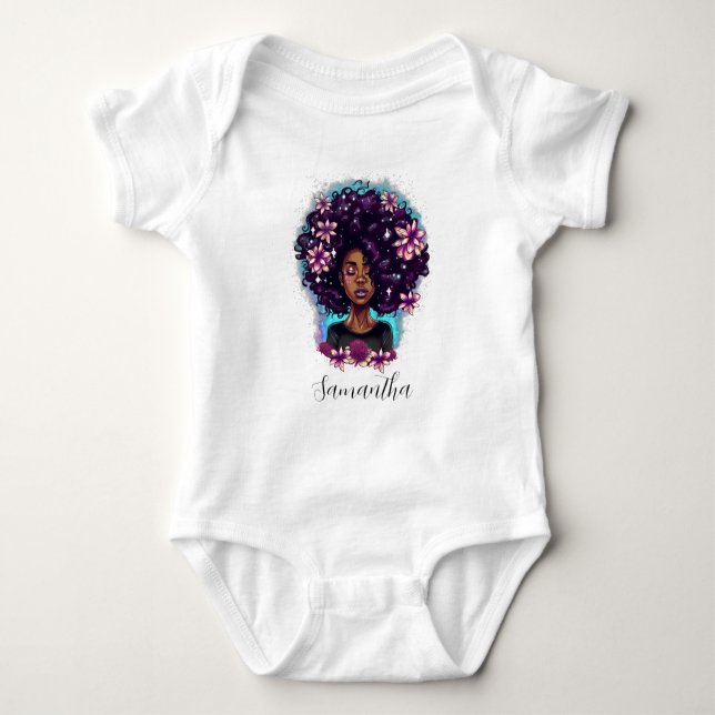 Floral Sparkling Afro Woman Baby Bodysuit (Front)