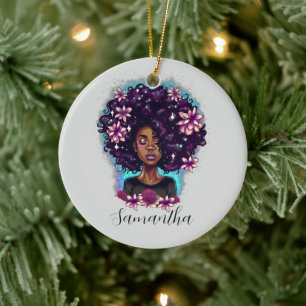 Floral Sparkling Afro Woman Ceramic Ornament