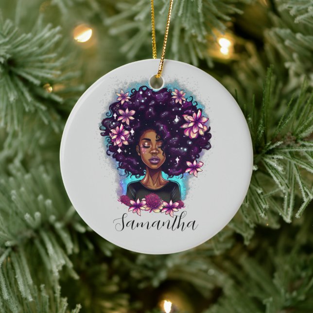 Floral Sparkling Afro Woman Ceramic Ornament (Tree)