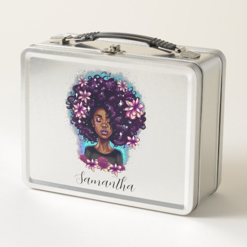 Floral Sparkling Afro Woman Metal Lunch Box