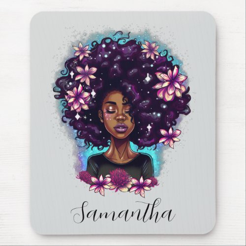 Floral Sparkling Afro Woman Mouse Pad