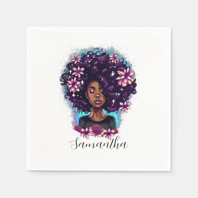 Floral Sparkling Afro Woman Napkins (Front)