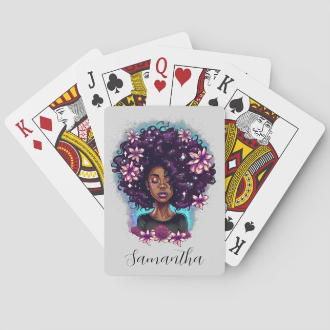 Floral Sparkling Afro Woman Poker Cards (Back)