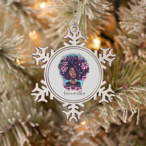 Floral Sparkling Afro Woman Snowflake Pewter Christmas Ornament