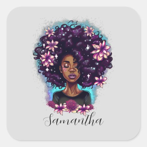 Floral Sparkling Afro Woman Square Sticker