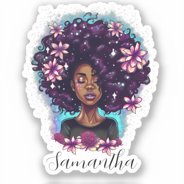 Floral Sparkling Afro Woman Sticker (Front)