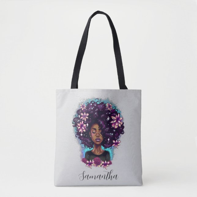 Floral Sparkling Afro Woman Tote Bag (Front)