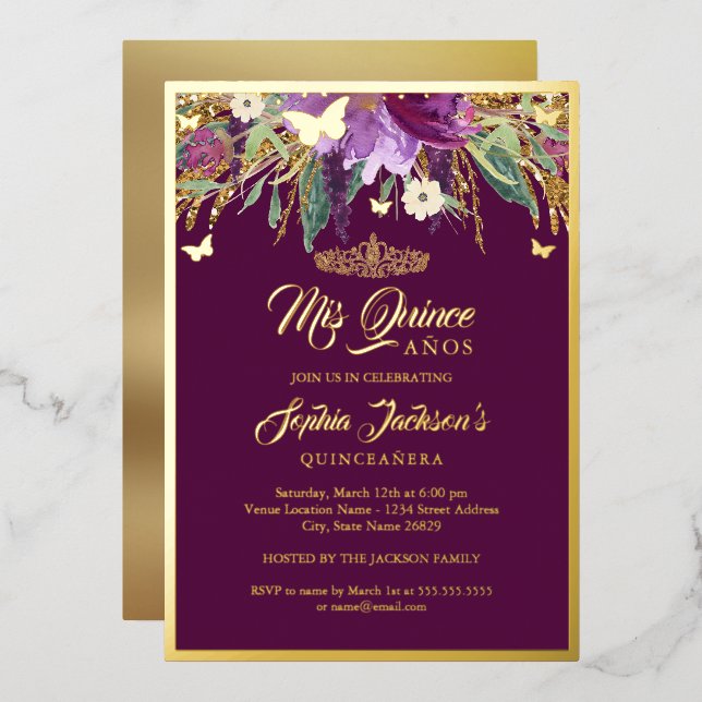 Floral Sparkling Amethyst Quinceanera Birthday 15 Foil Invitation (Front/Back)