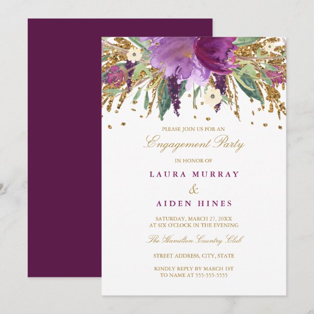 Floral Sparkling Amethyst Wedding Engagement Party Invitation (Front/Back)