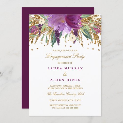 Floral Sparkling Amethyst Wedding Engagement Party Invitation