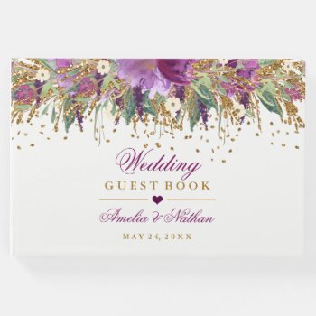 Floral Sparkling Amethyst Wedding Guest Book by LittleBayleigh at Zazzle