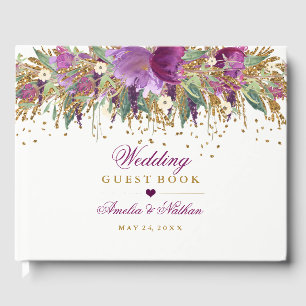 Floral Sparkling Amethyst Wedding Guest Book