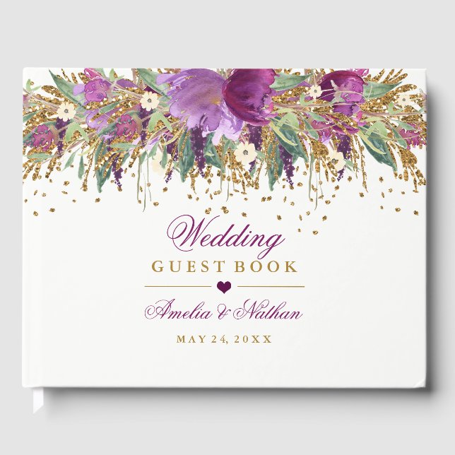 Floral Sparkling Amethyst Wedding Guest Book (Front)