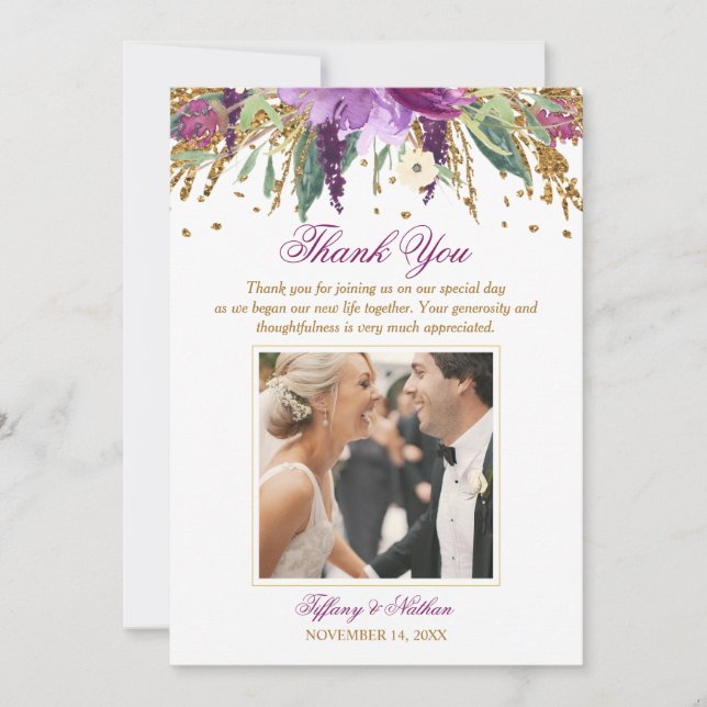 Floral Sparkling Amethyst Wedding Photo Thank You (Front)