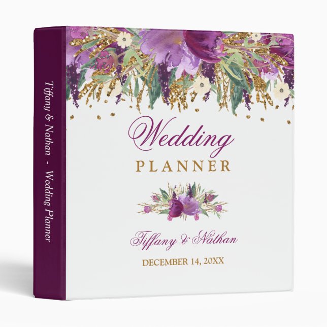 Floral Sparkling Amethyst Wedding Planner Binder (Front/Spine)