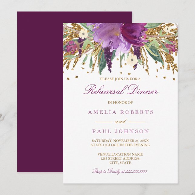 Floral Sparkling Amethyst Wedding Rehearsal Dinner Invitation (Front/Back)
