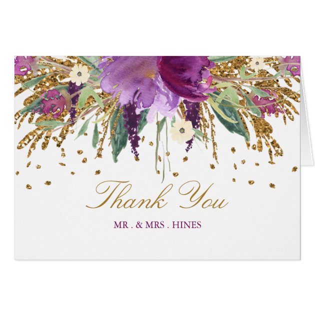 Floral Sparkling Amethyst Wedding Thank You Card
