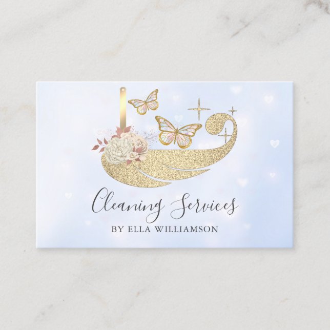 Floral Sparkly Butterfly Cleaning Services Business Card (Front)