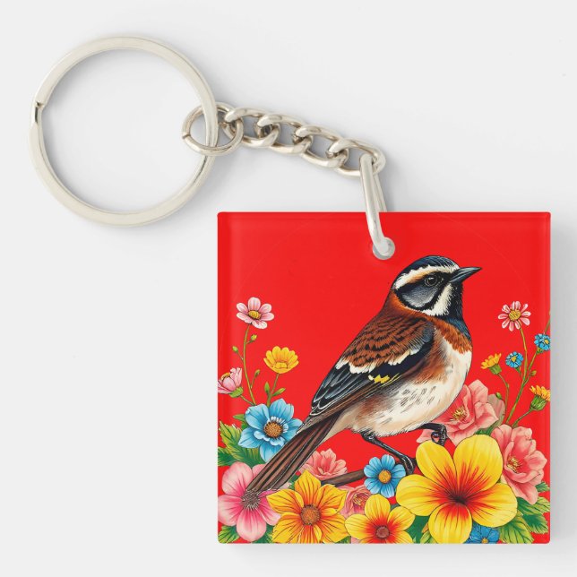 🐦 Floral Sparrow Garden Charm Gift 🐦 Keychain (Front)