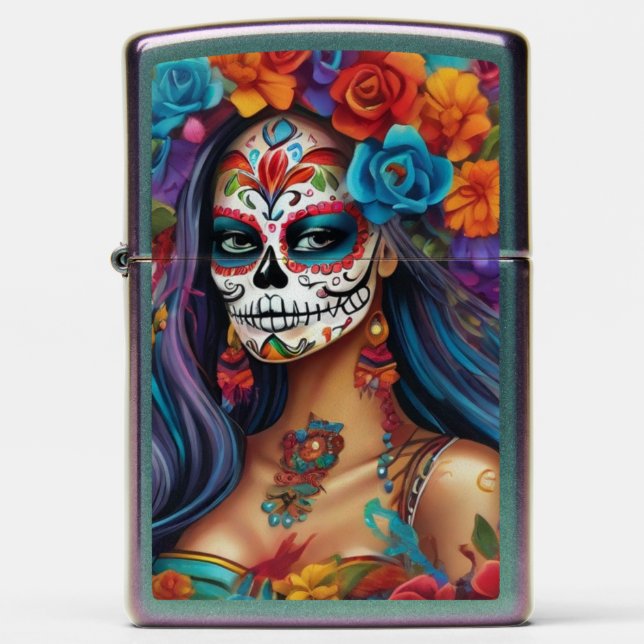 Floral Splendor in Sugar Skull Makeup Zippo Lighter (Front)