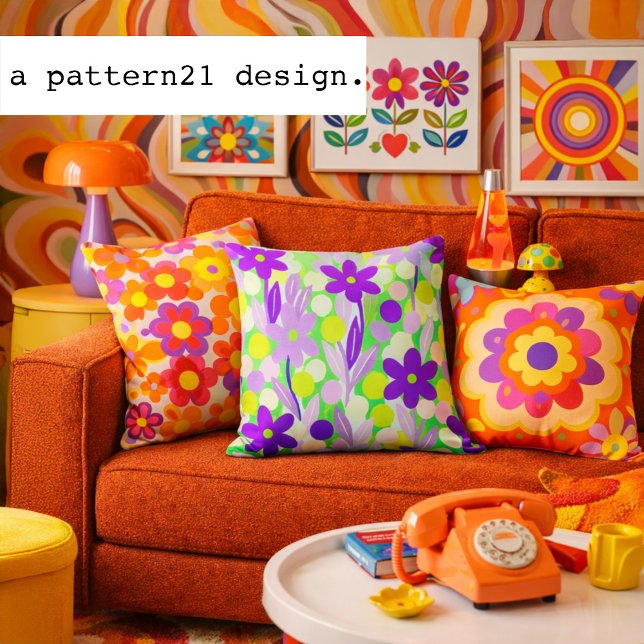 Floral Spots in lime green pattern Throw Pillow (Groovy retro floral pillow bursting with vintage color and psychedelic charm.)