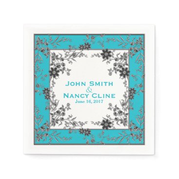 Floral Spray-Aqua-Silver-Elegant Framed Napkins Floral Spray-Aqua-Silver-Elegant Framed Napkins